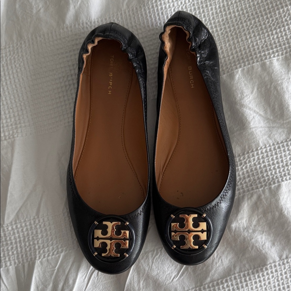 Authentic Tory Burch Black Leather Flats with Gold Logo
